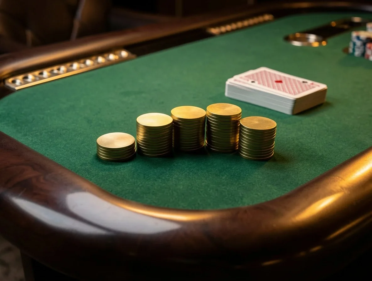 Stół do gry z zielonym suknem i żetonami w Poker Lounge Taveloria
