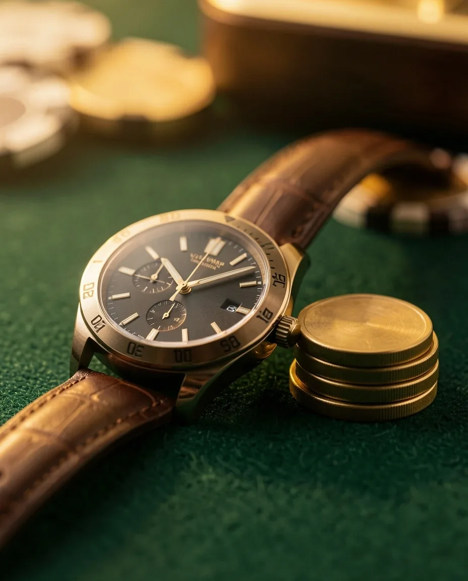 Wnętrze poker lounge z zielonym stołem i luksusowym zegarkiem