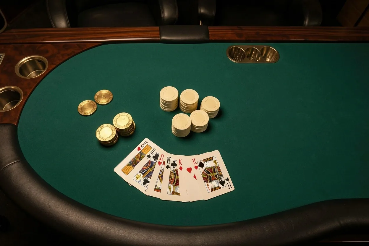 Profesjonalny stół do gry z sukmem i żetonami w Poker Lounge